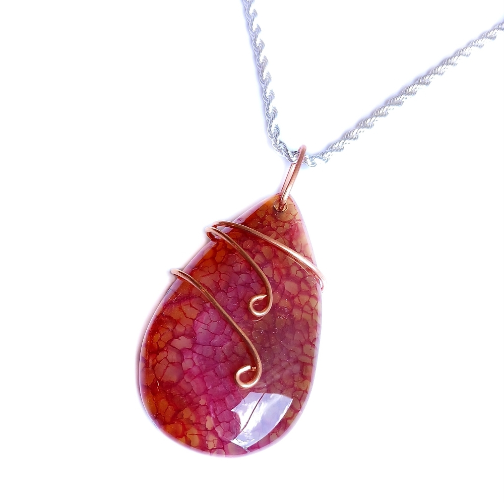 Dragons vein agate pink red orange copper wire wrapped sterling silver necklace